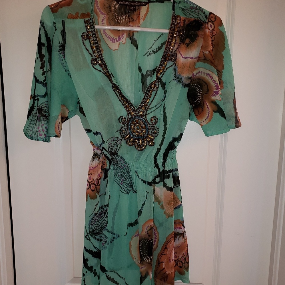Turquoise sheer top with floral print & beads